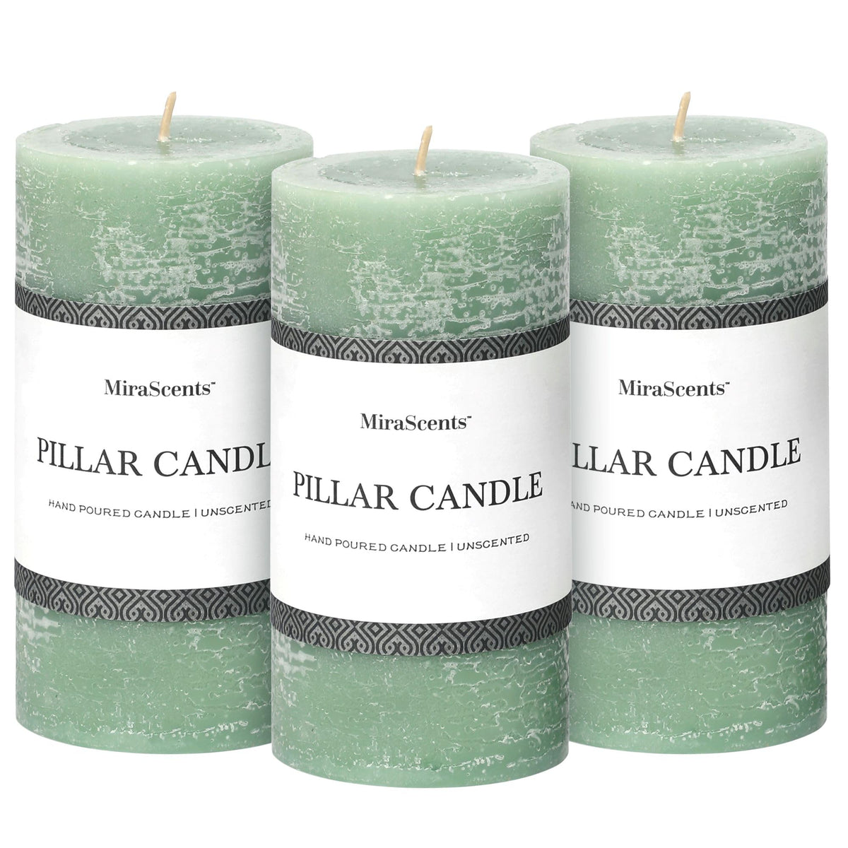MIRASCENTS Sage Green Pillar Candles set of 3 glow with smokeless, clean ambiance.