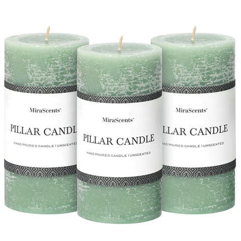 MIRASCENTS Sage Green Pillar Candles set of 3 glow with smokeless, clean ambiance.