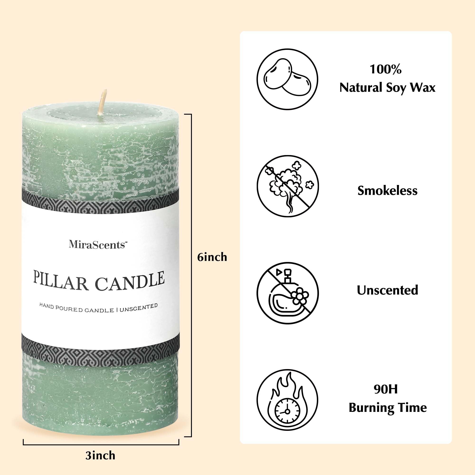 MIRASCENTS Sage Green Pillar Candles in a bathroom for soothing glow.