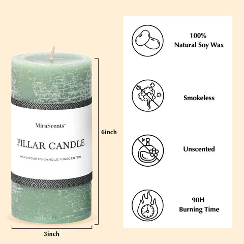 MIRASCENTS Sage Green Pillar Candles in a bathroom for soothing glow.