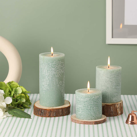 MIRASCENTS Sage Green Pillar Candles on dining tables create elegant, odor-free atmosphere.