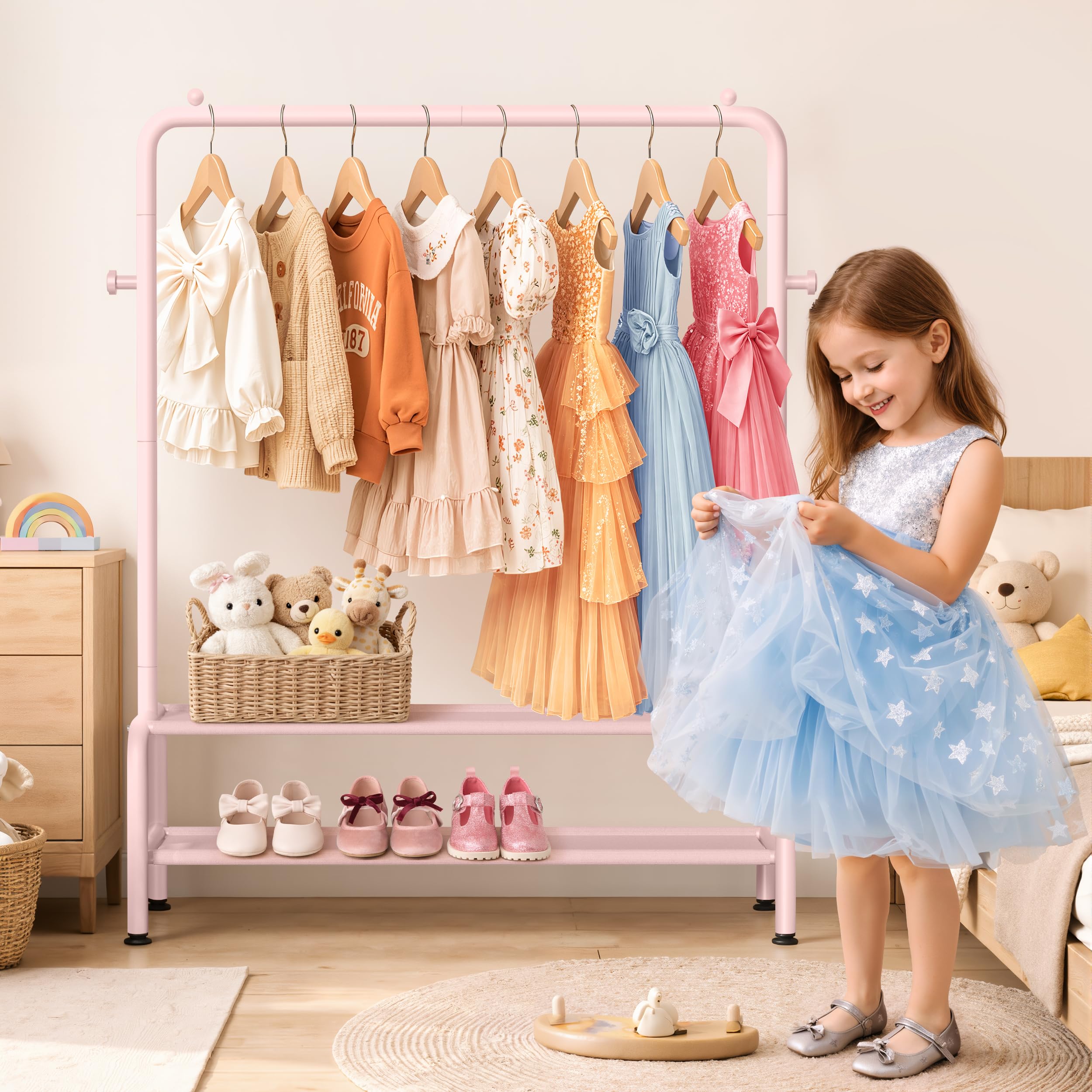Mirolam dress up rack side view highlights adjustable feet for easy leveling.