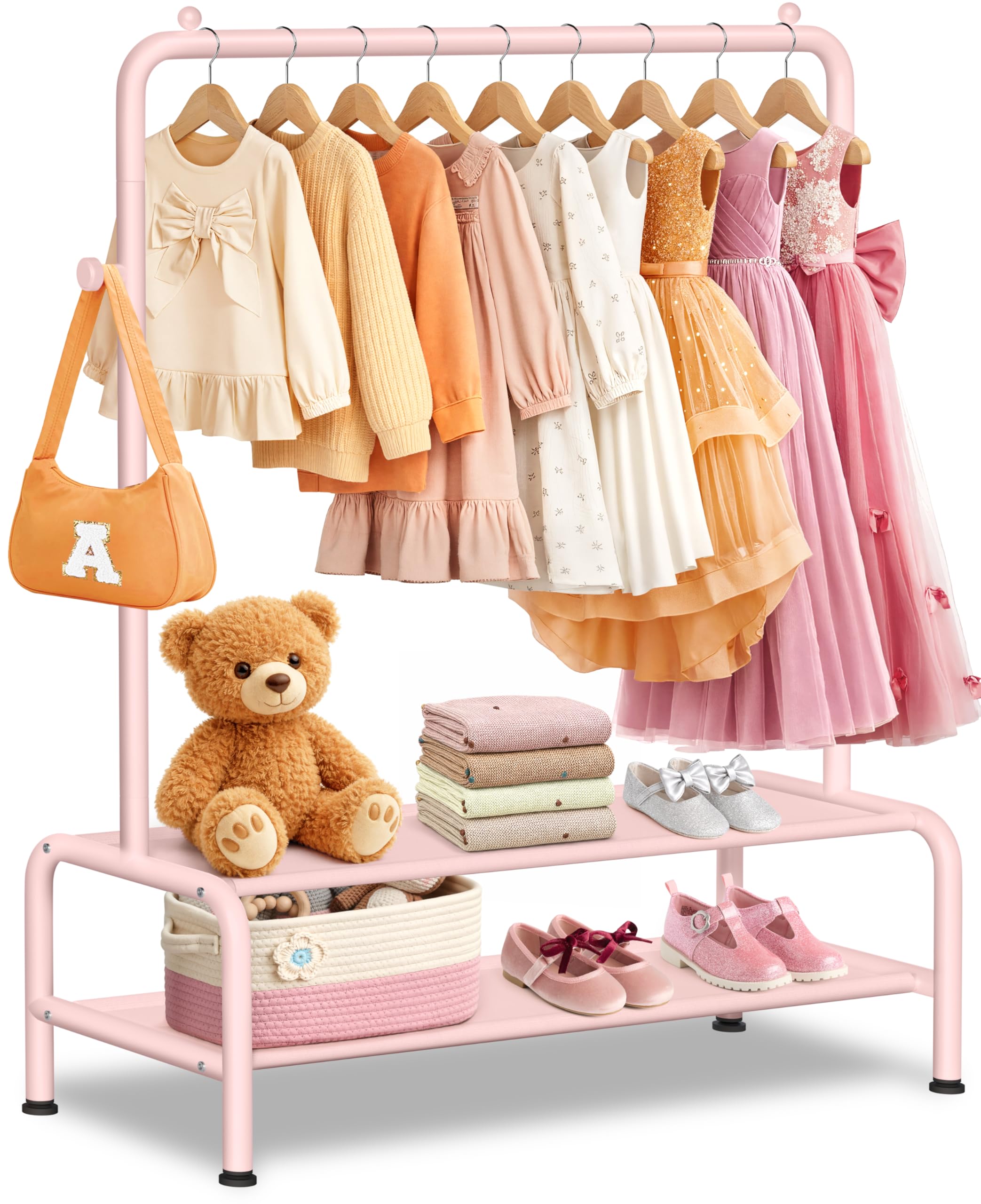 Mirolam kids clothing rack front view showing sturdy stability for small wardrobes.