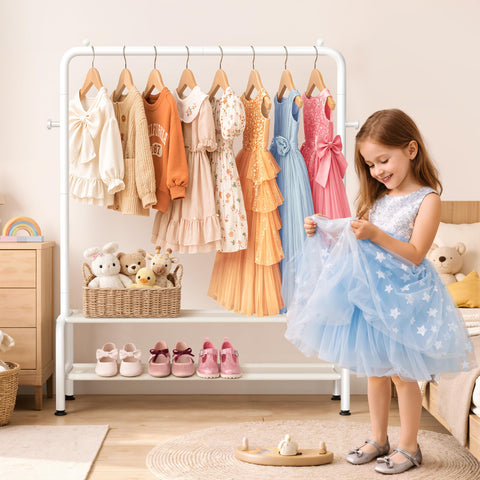 Mirolam kids clothing rack side view highlights compact footprint for small playrooms.