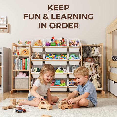 Mirolam storage unit highlighting 12 removable bins for quick toy sorting.