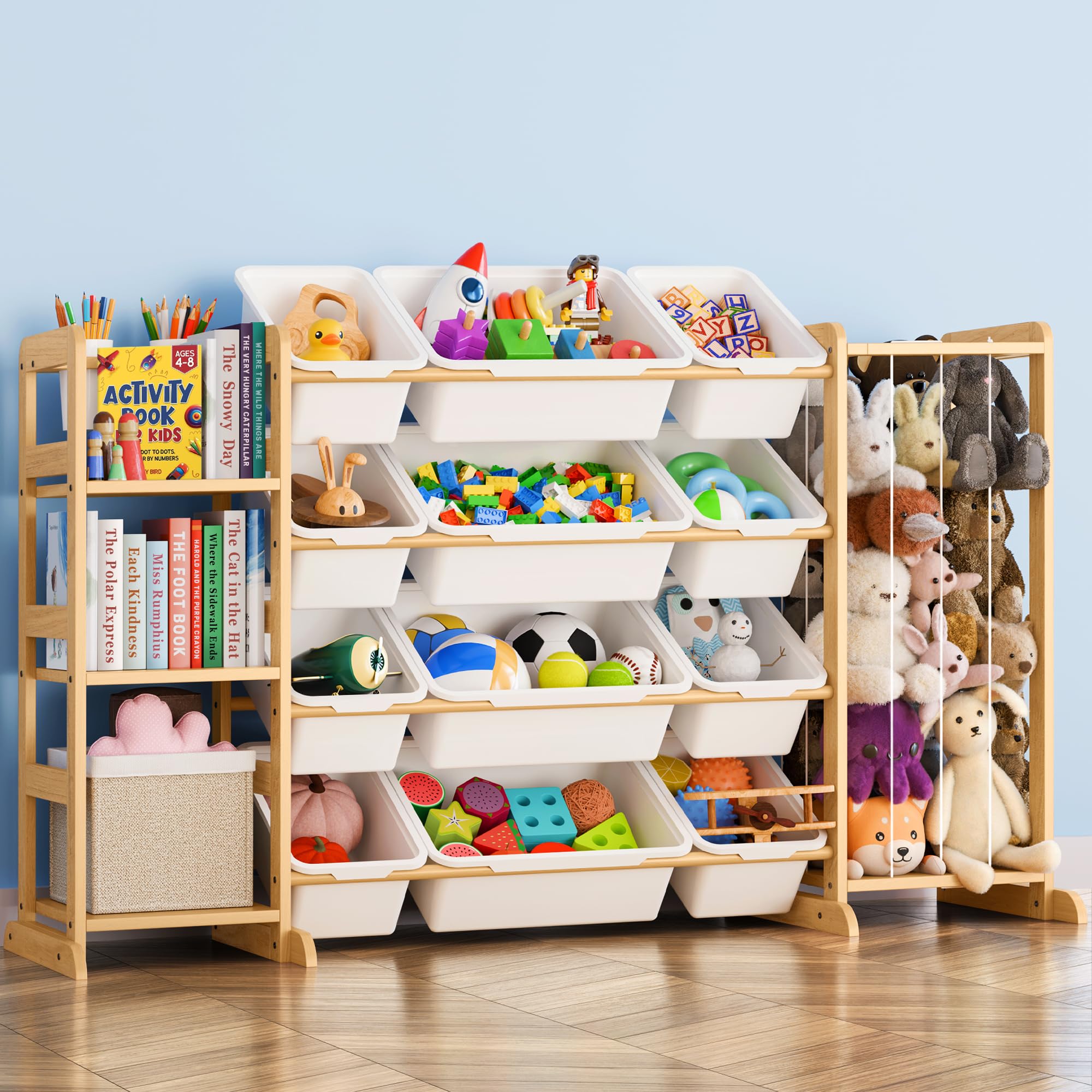 Mirolam toy storage organizer with bookshelf and bins showcases organized play area.