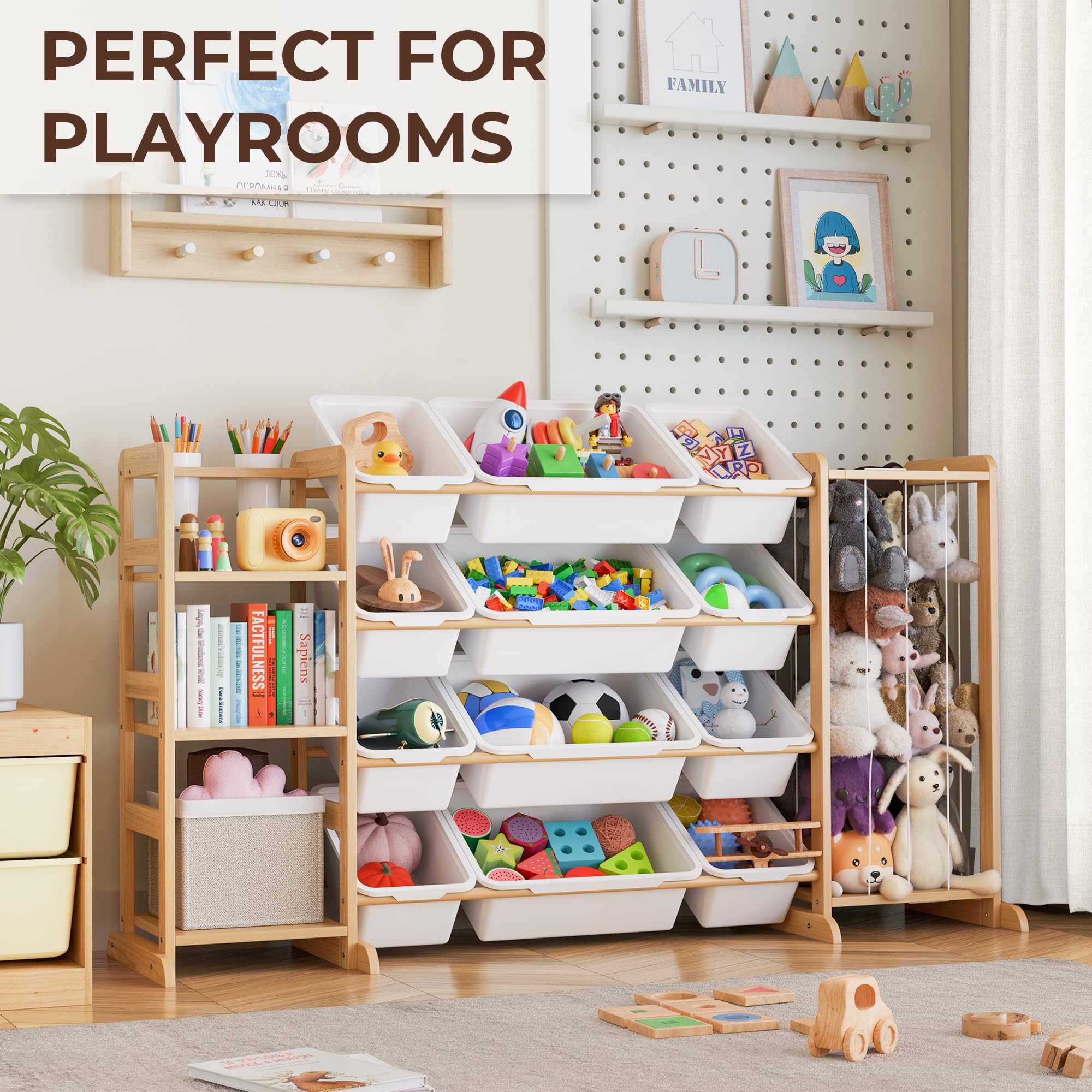 Mirolam organizer open shelves hold books and plush toys for easy access.