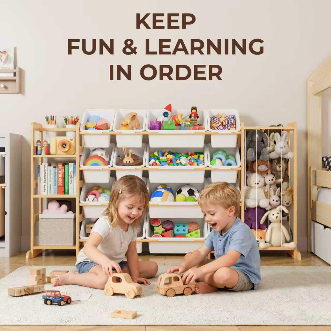 Mirolam toy storage with three wide shelves for books and bulky items.
