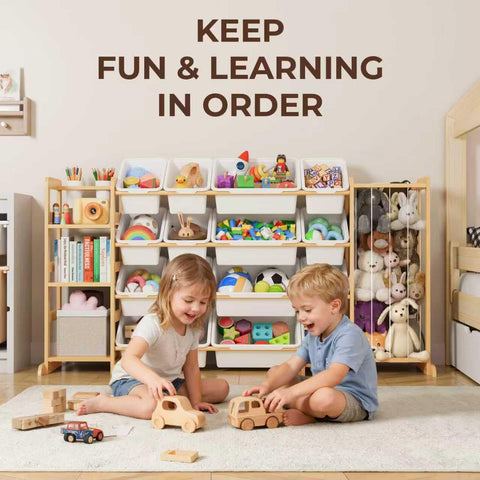 Mirolam toy storage with three wide shelves for books and bulky items.