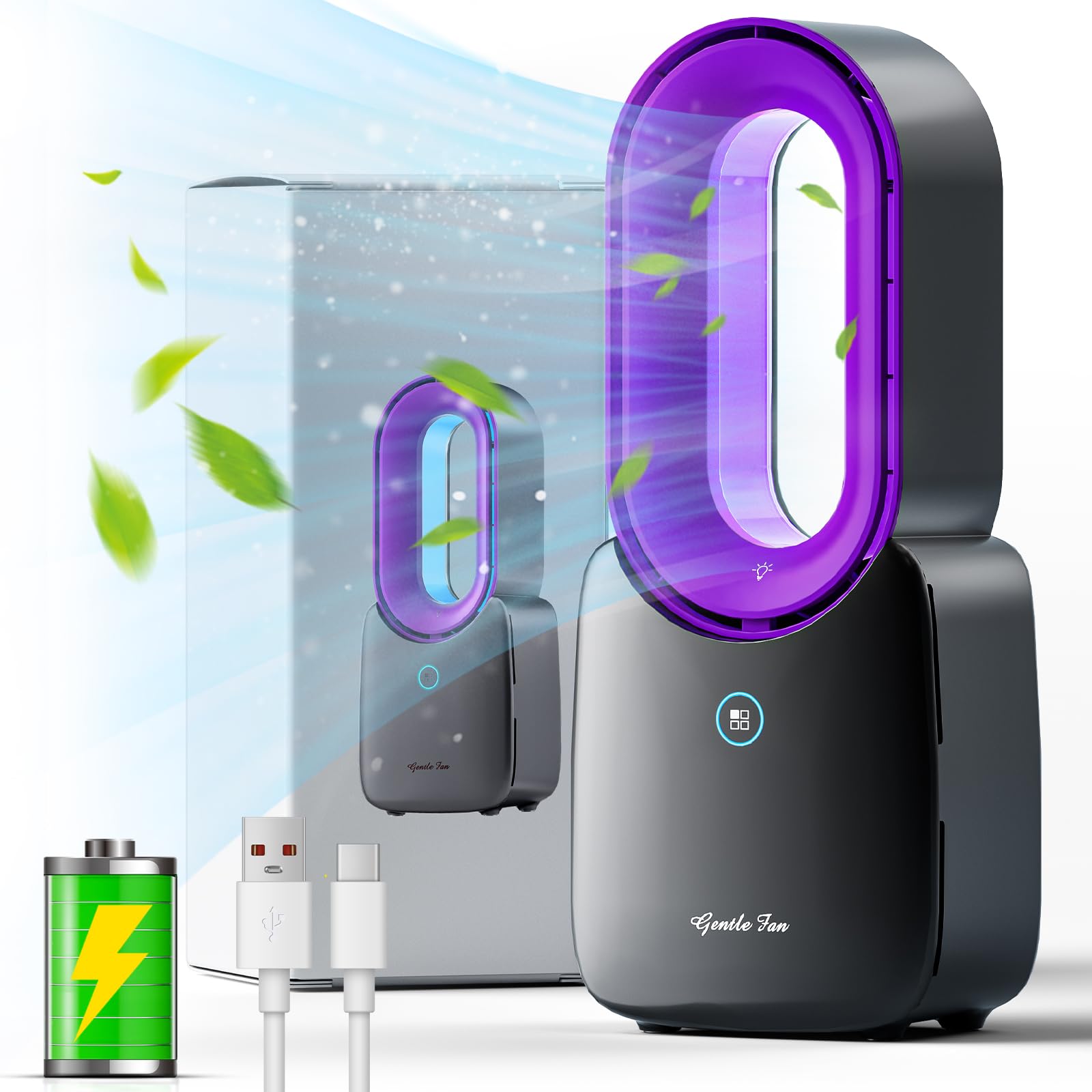 Misby rechargeable desk fan front view in purple, bladeless safety design for desks.
