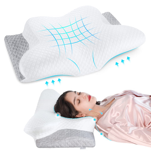 Misiki contour memory foam pillow with butterfly design cradles the head for alignment.