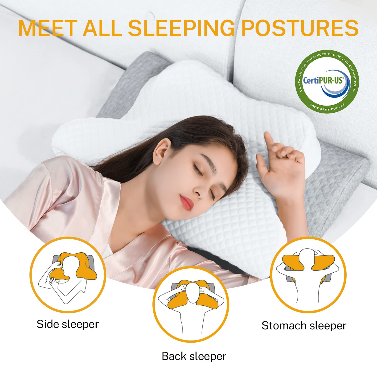 Ergonomic grooves cradle neck and align the spine during sleep.