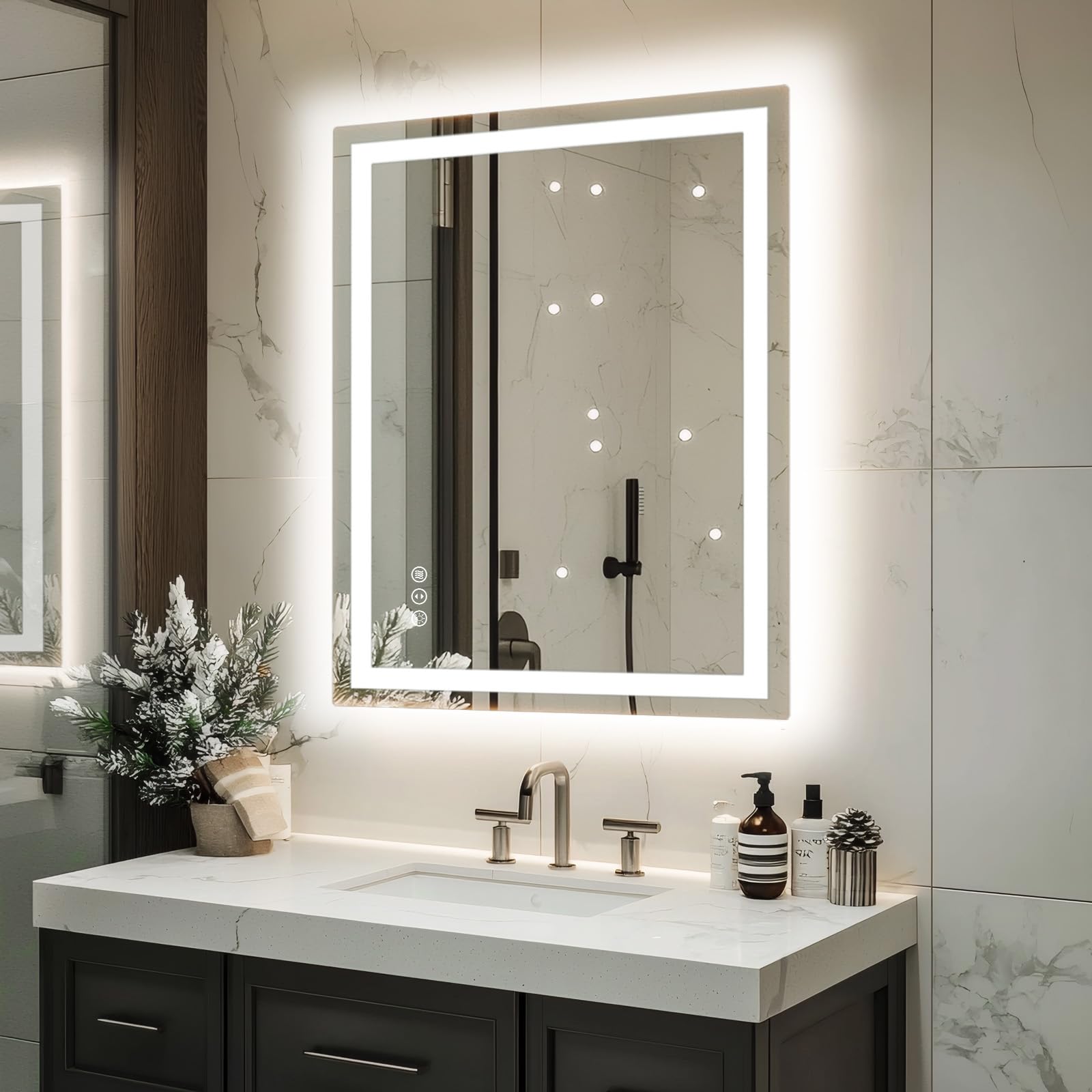Miskerm 32x24 LED bathroom mirror shows backlit and front-lit illumination for makeup
