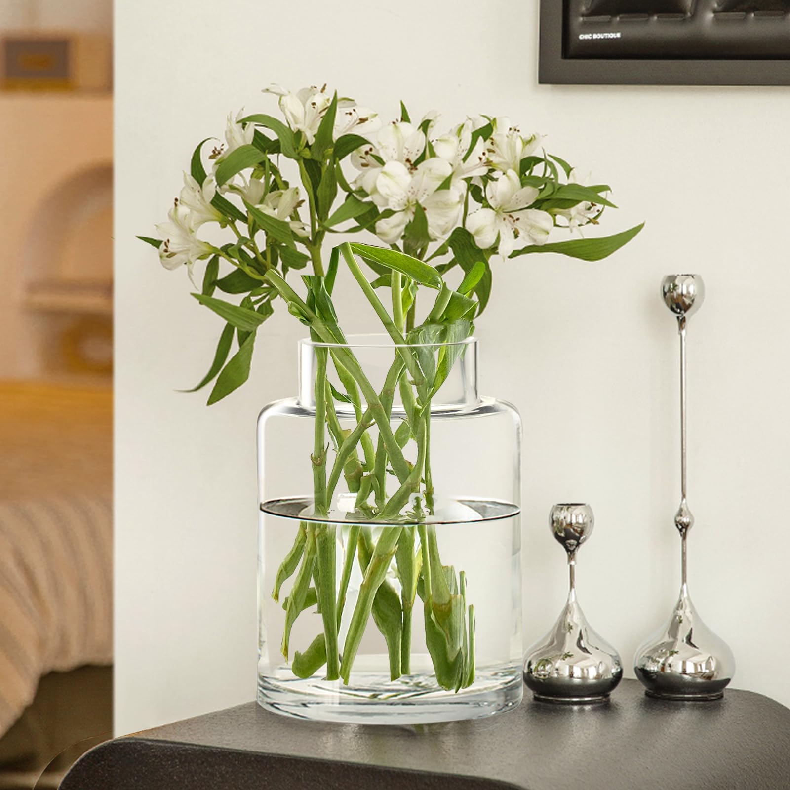 Misognare 9-inch clear glass vase, front view for elegant centerpieces.