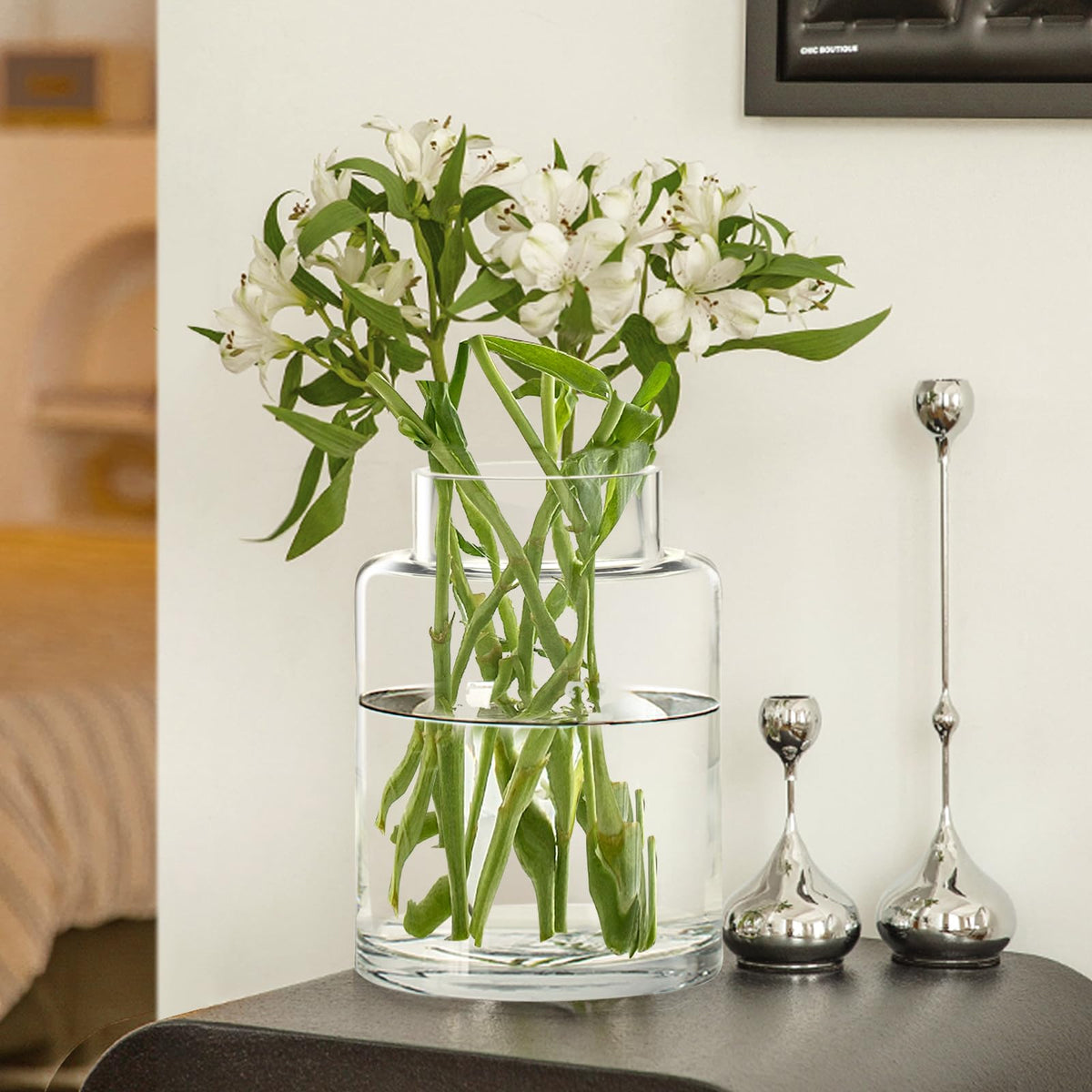 Misognare 9-inch clear glass vase, front view for elegant centerpieces.