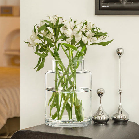 Misognare 9-inch clear glass vase, front view for elegant centerpieces.