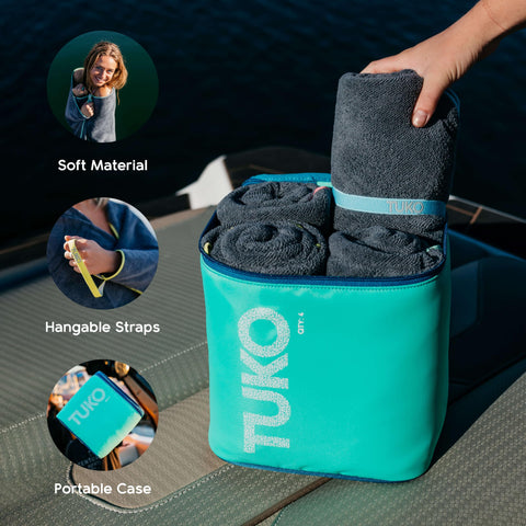MISSION Tuko packable towel with built-in straps for organized bags