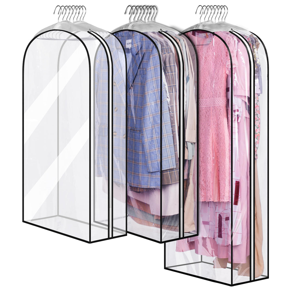 MISSLO 10-inch gusset clear garment bag showing capacity for shirts and suits.