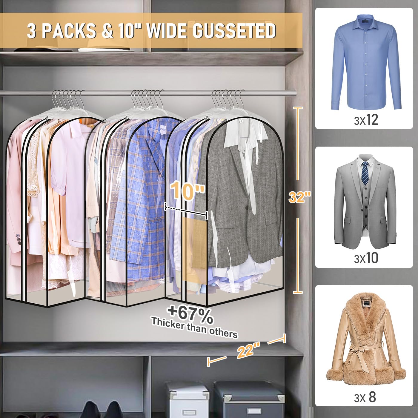 MISSLO 10-inch gusset bag holds up to 10 suits for wrinkle-free storage.
