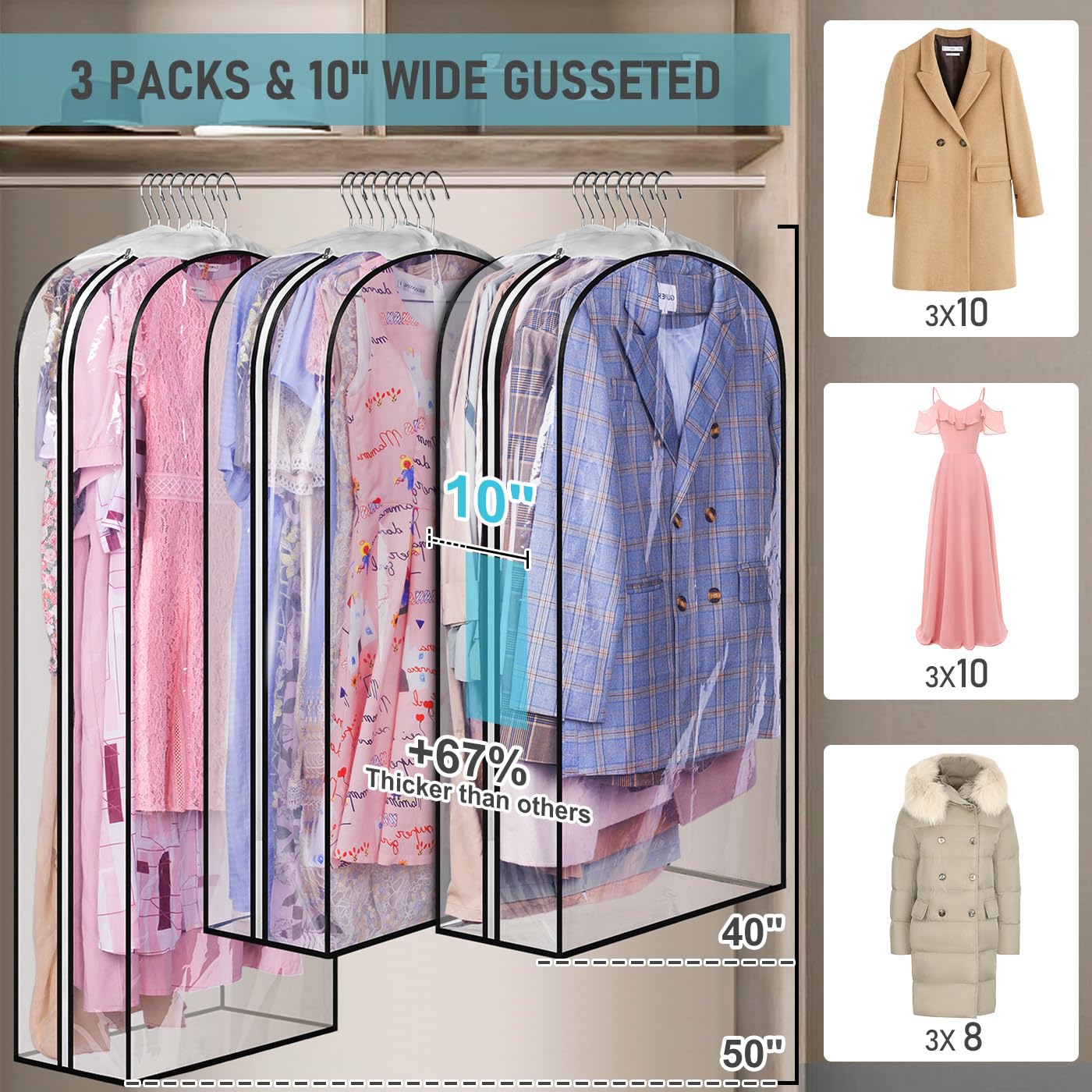 MISSLO 50-inch clear garment bag stores long dresses and gowns.