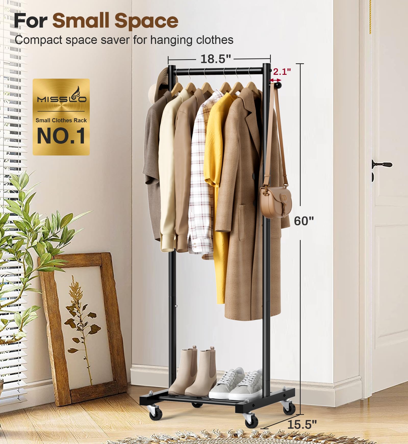 MISSLO 60-inch rolling wardrobe with wheels glides smoothly on floors.