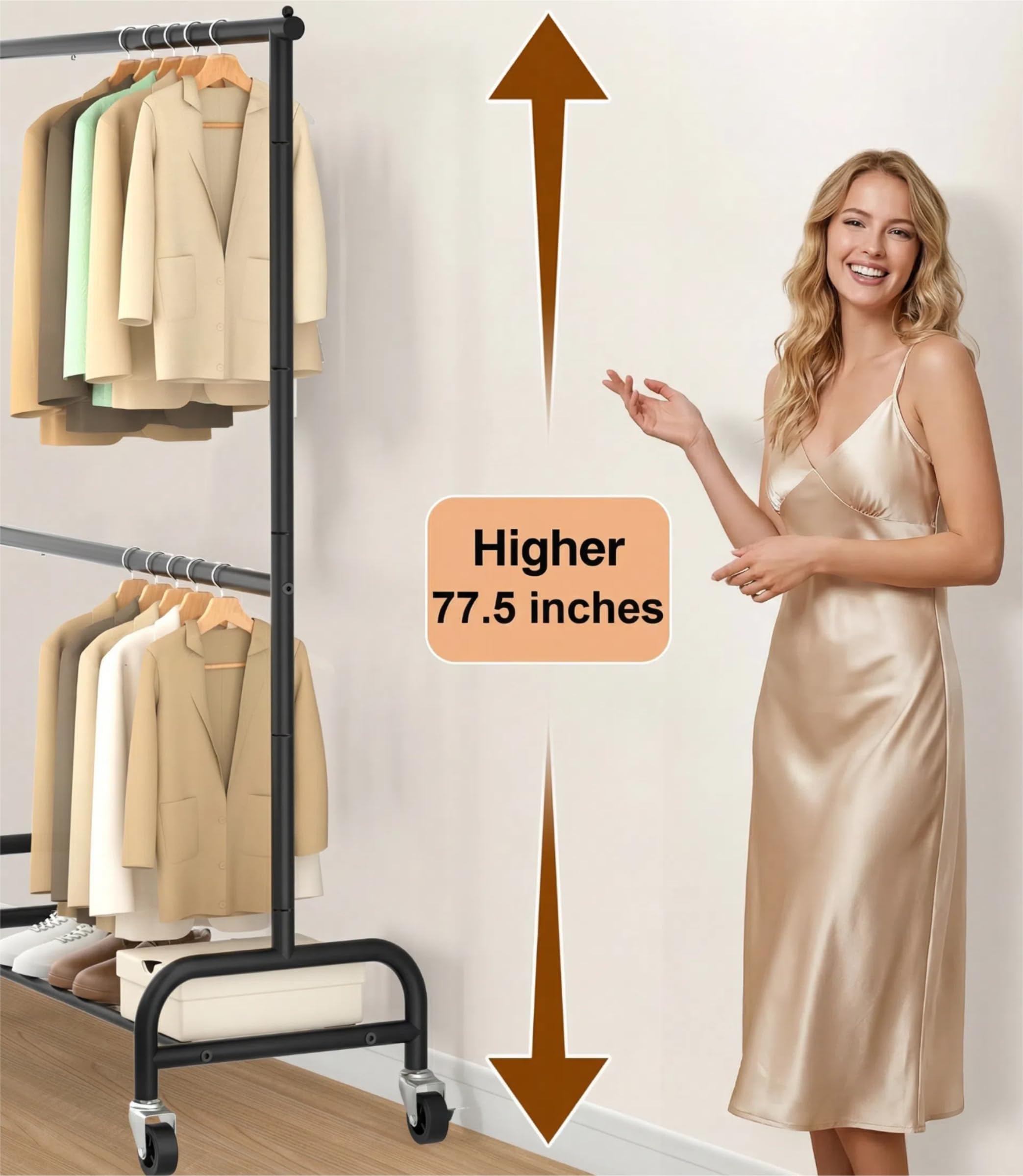 MISSLO 77.5-inch tall rack provides full-length hanging space for longer garments.