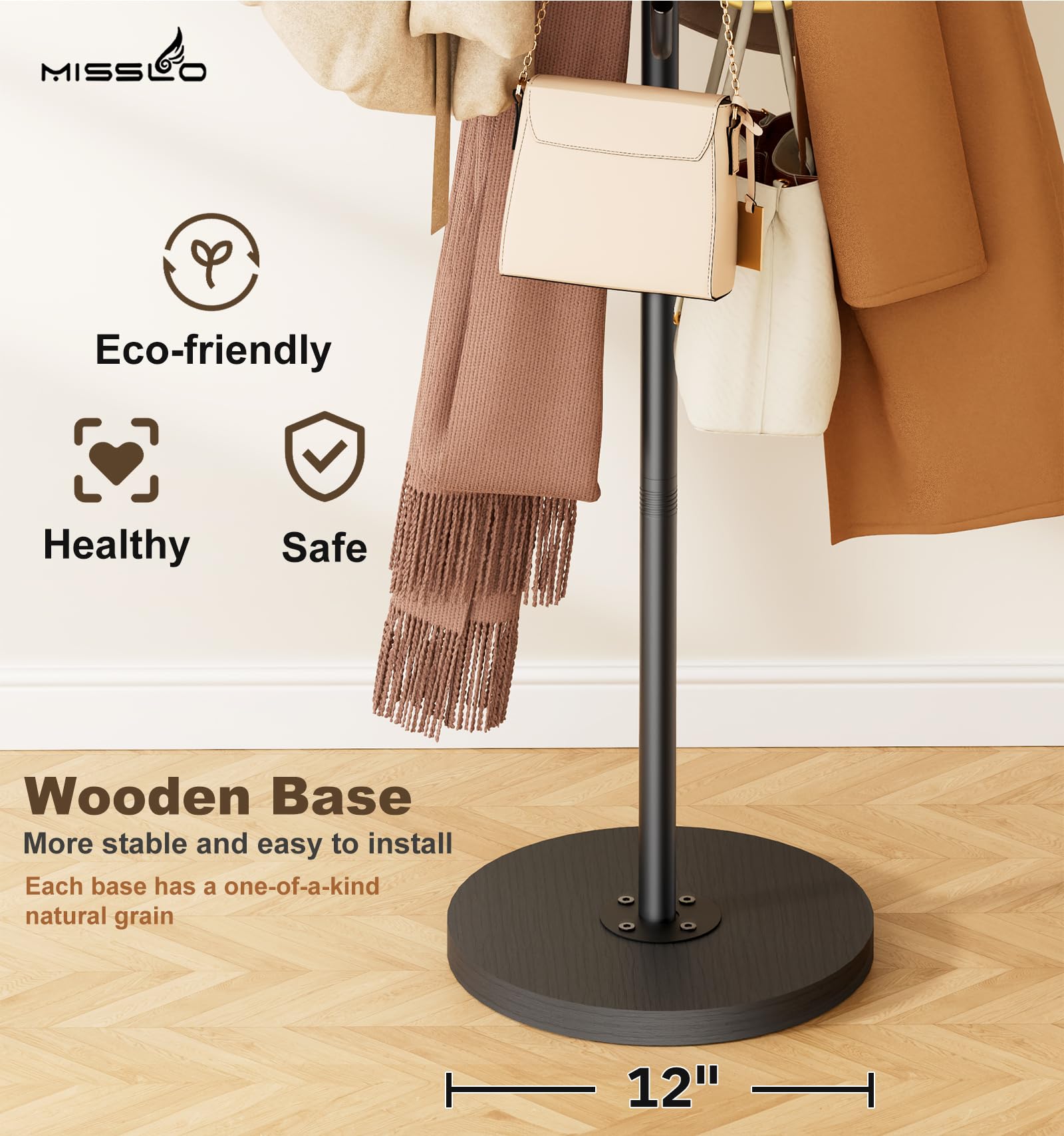 MISSLO adjustable-height coat stand adapts for kids and adults.
