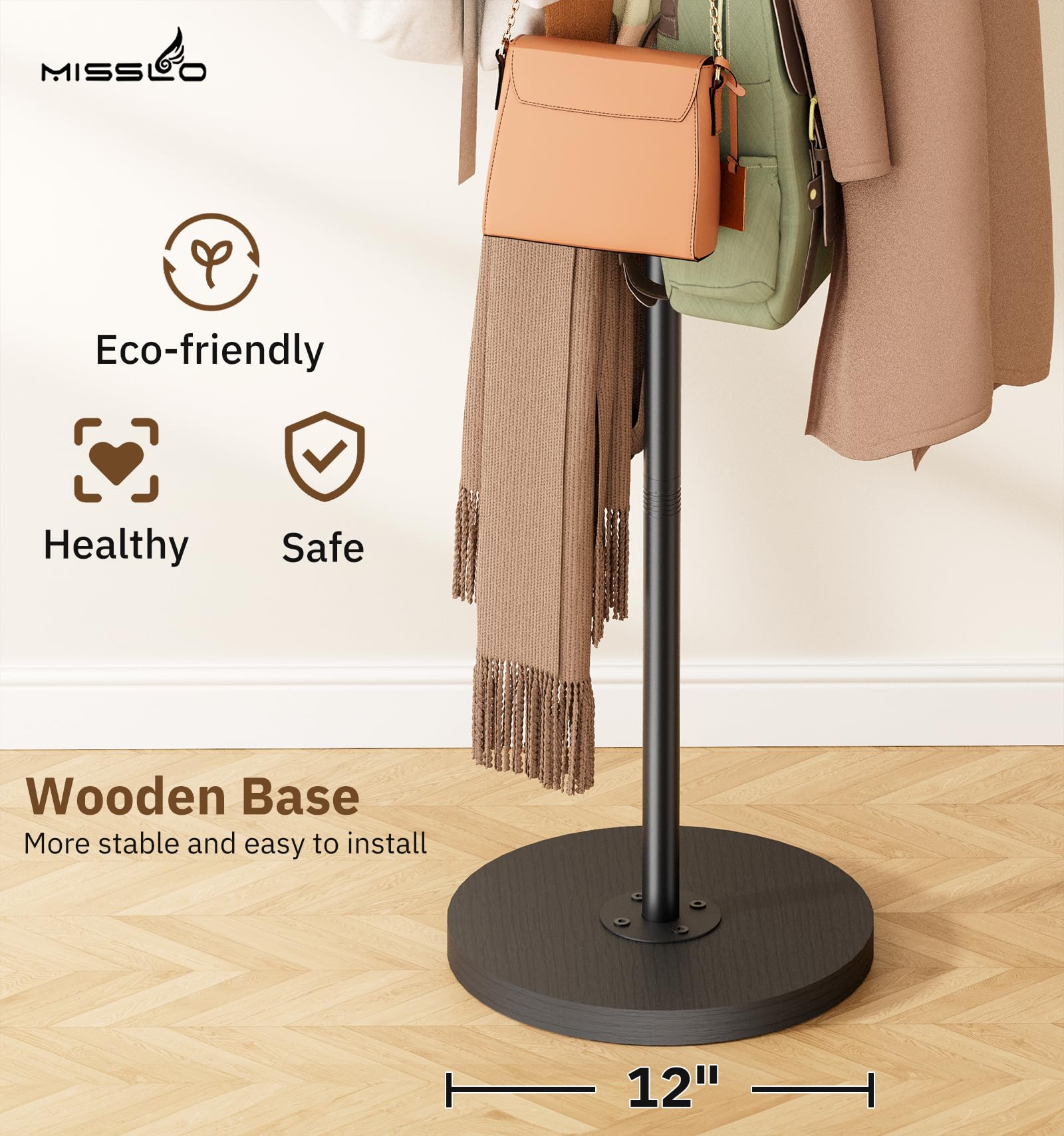 MISSLO freestanding coat tree shows four height options for room fit.