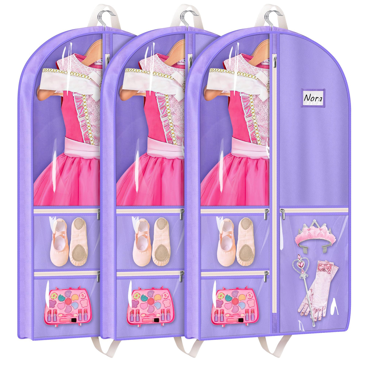 MISSLO dance garment bag with three pockets for organized accessories.