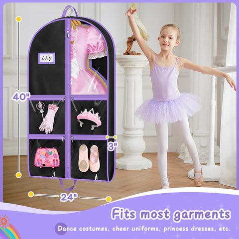 MISSLO dance garment bag exhibiting four pockets for shoes and accessories.