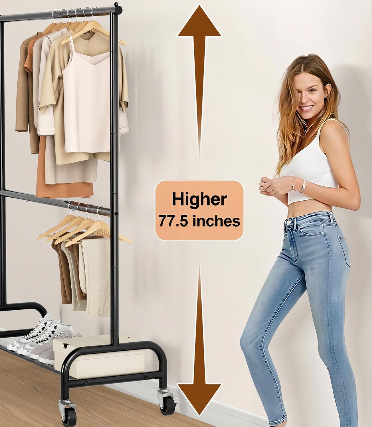 MISSLO double-rod garment rack with easy assembly and disassembly for flexible setup.