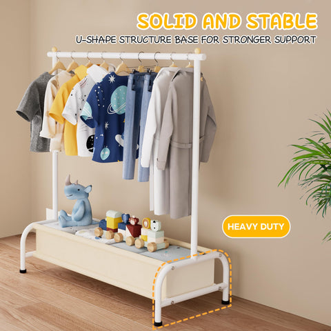 MISSLO children's wardrobe rack with basket provides extra storage for toys and outfits.
