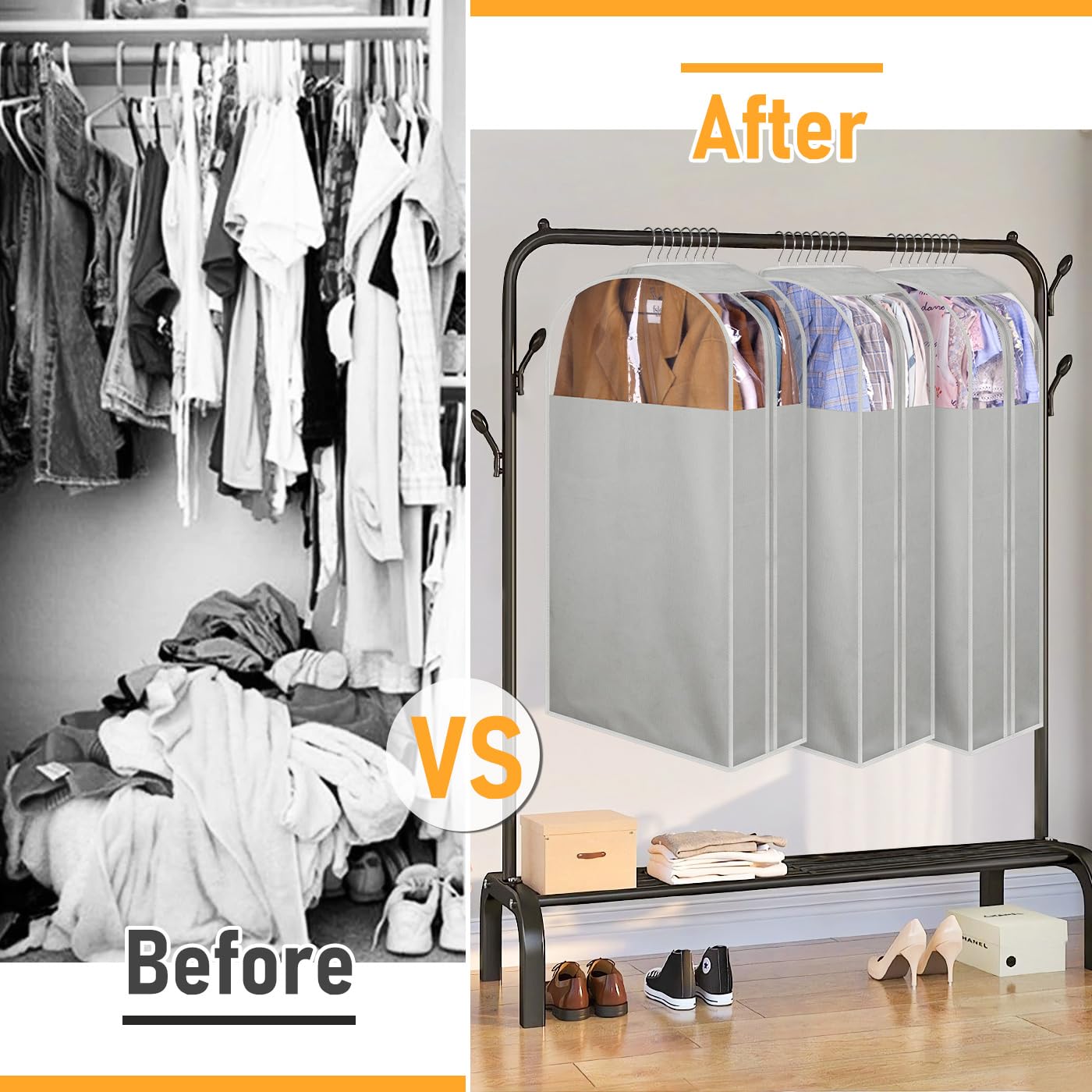 MISSLO grey three-pack garment bags ideal for seasonal storage.