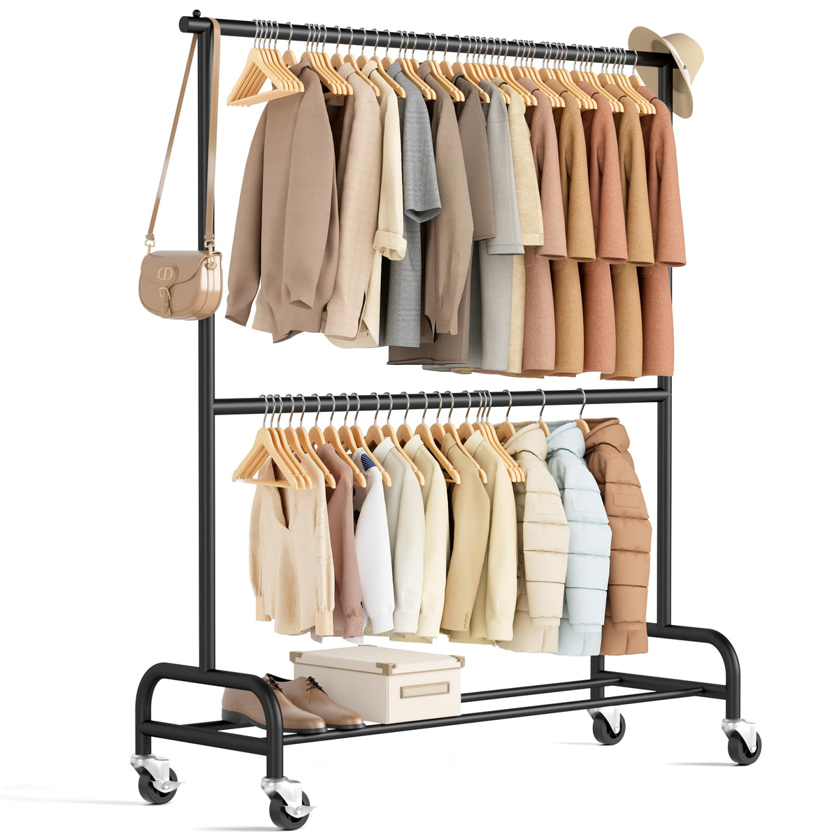 MISSLO heavy-duty clothes rack on wheels offers stable garment storage and easy mobility.