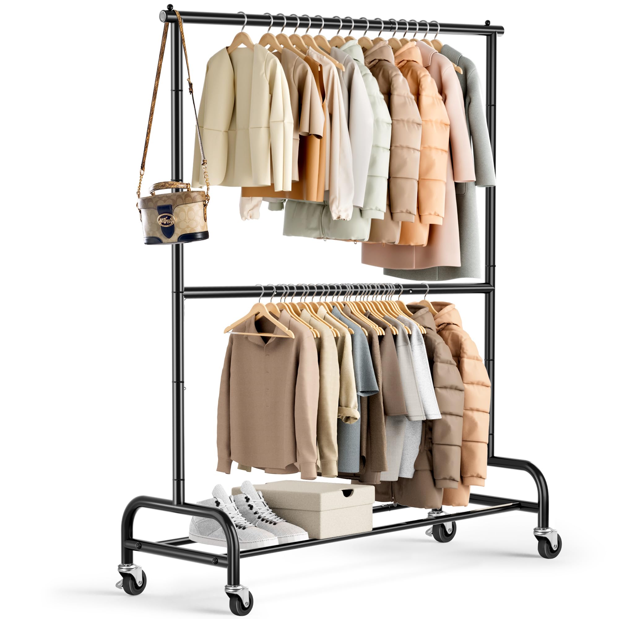 MISSLO heavy-duty clothing rack with reinforced U-base for stable storage and smooth rolling.
