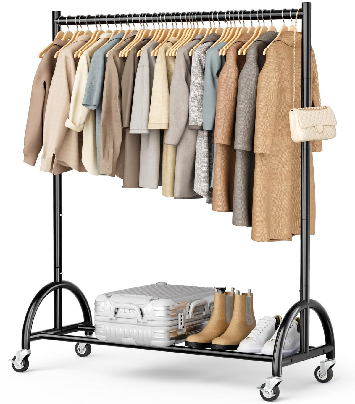 MISSLO heavy-duty rolling clothing rack base provides stable support for bulky coats