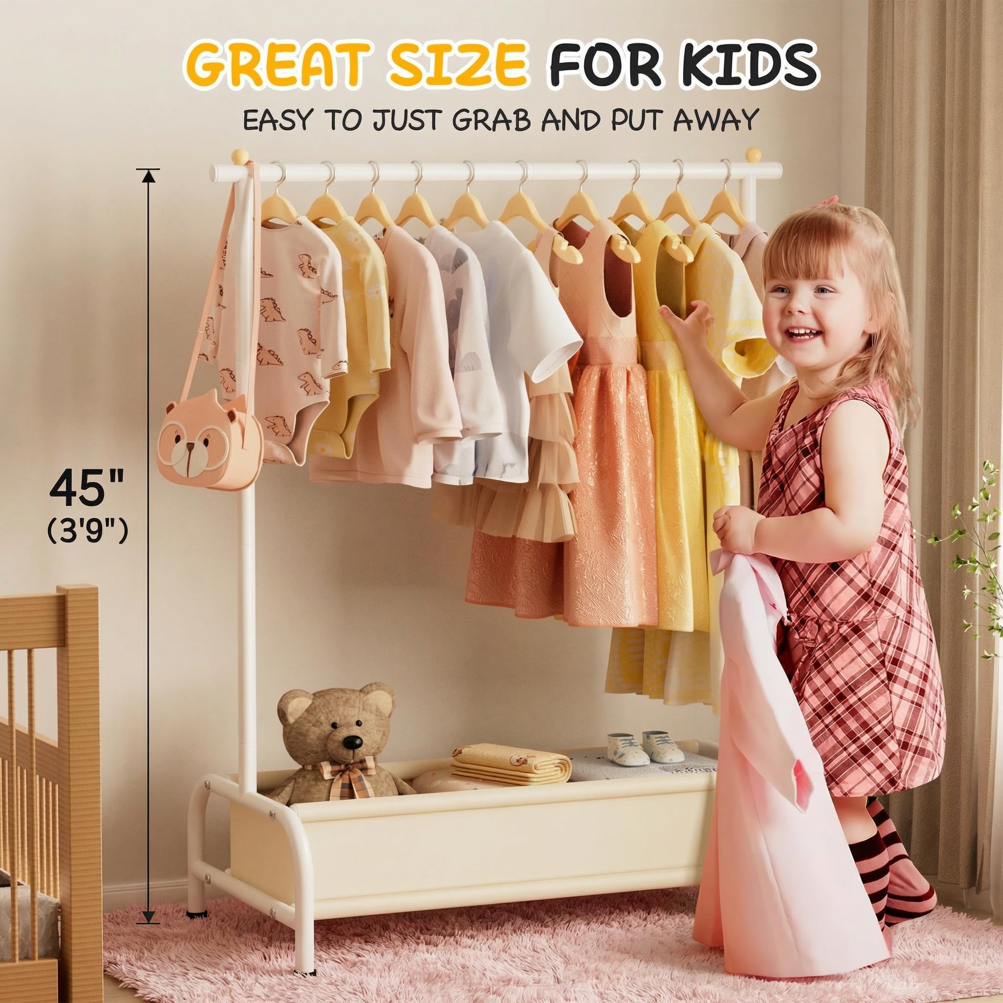 MISSLO dress-up rack front view shows compact footprint for small bedrooms.
