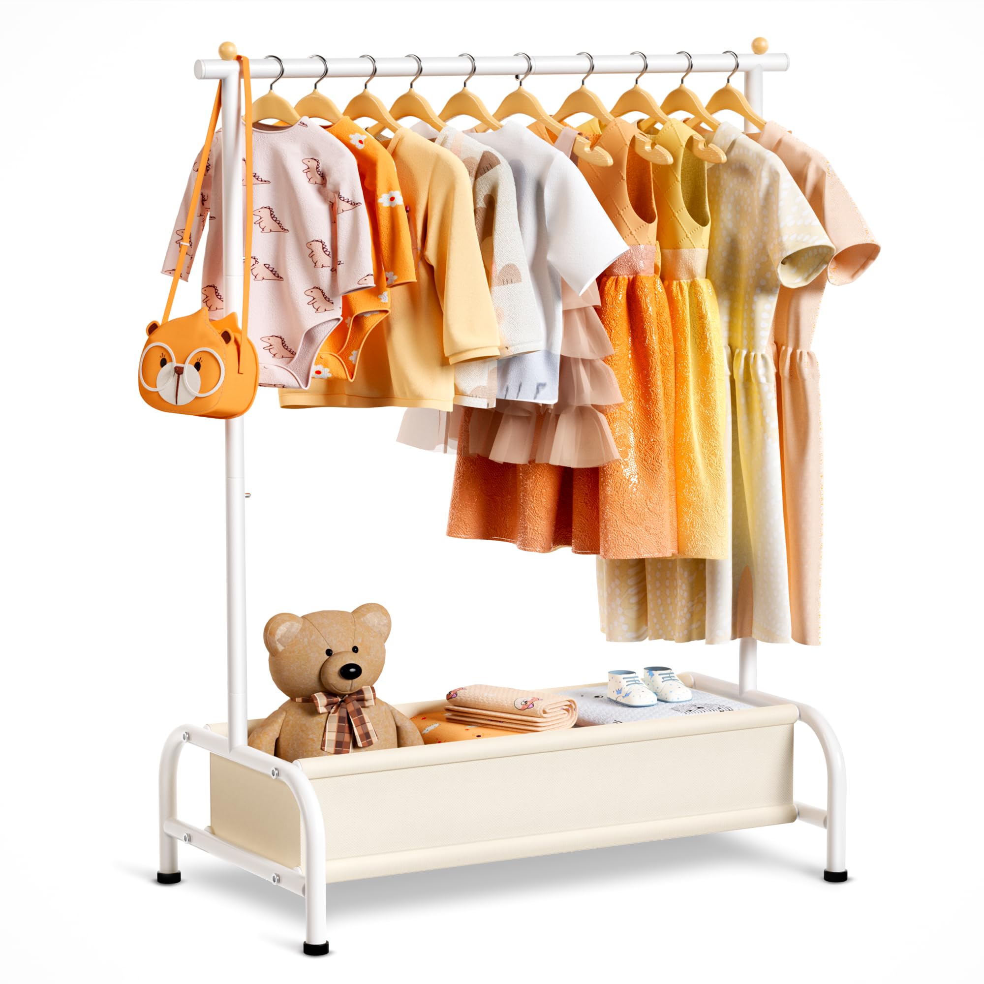 MISSLO kids clothing rack with basket side view emphasizes sturdy U-base for toddler independence.