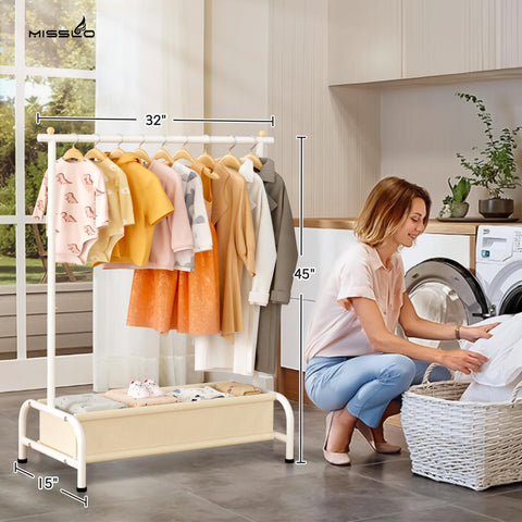 MISSLO white dress-up rack enhances room organization with tidy storage.