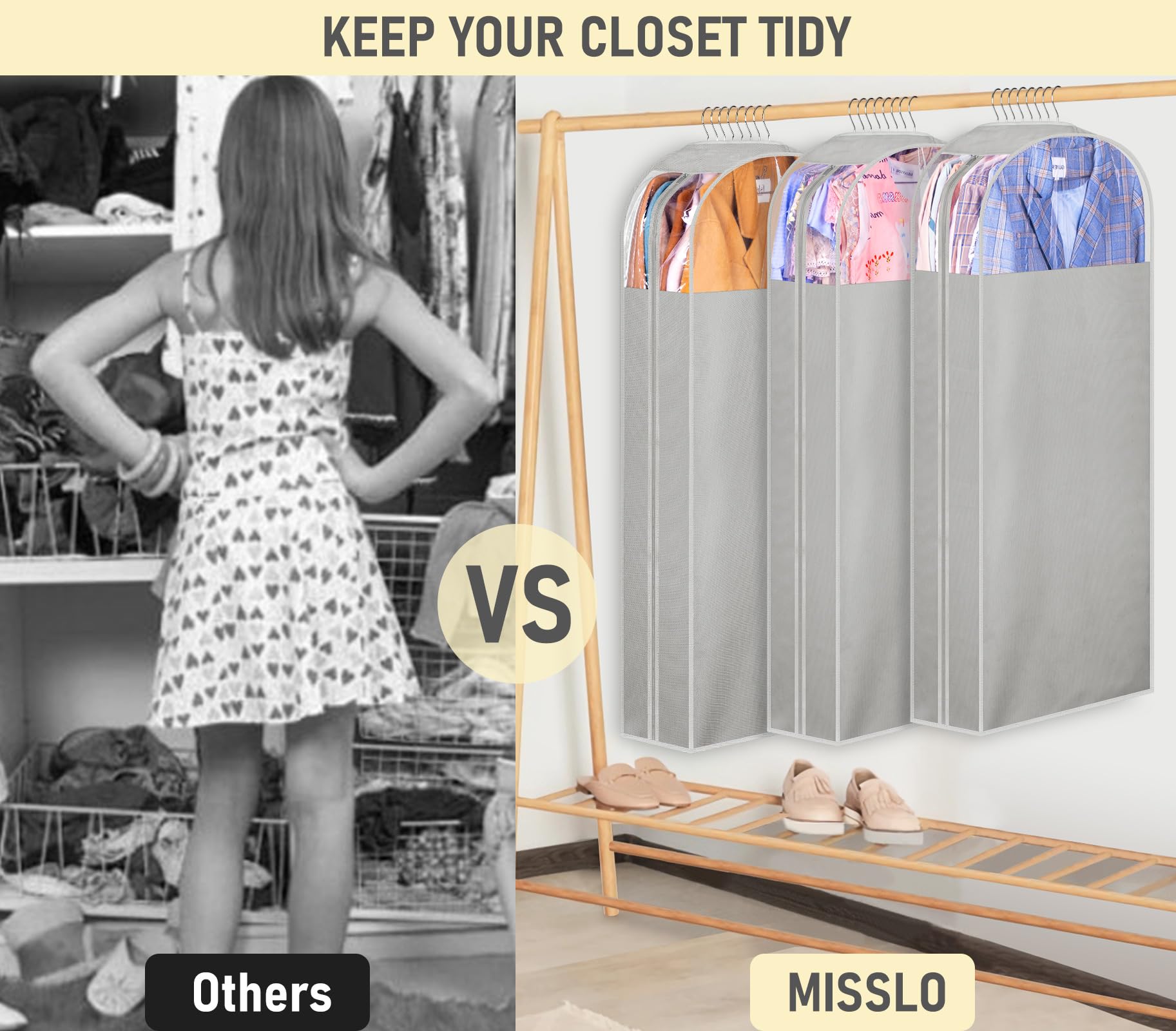 MISSLO long garment bag keeps garments clean and protected.