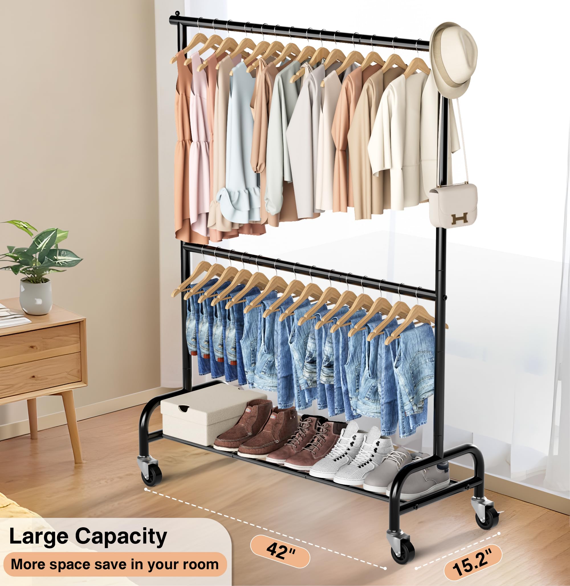 MISSLO rolling clothes rack with sturdy wheels for effortless movement on carpet.