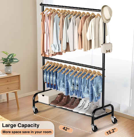 MISSLO rolling clothes rack with sturdy wheels for effortless movement on carpet.