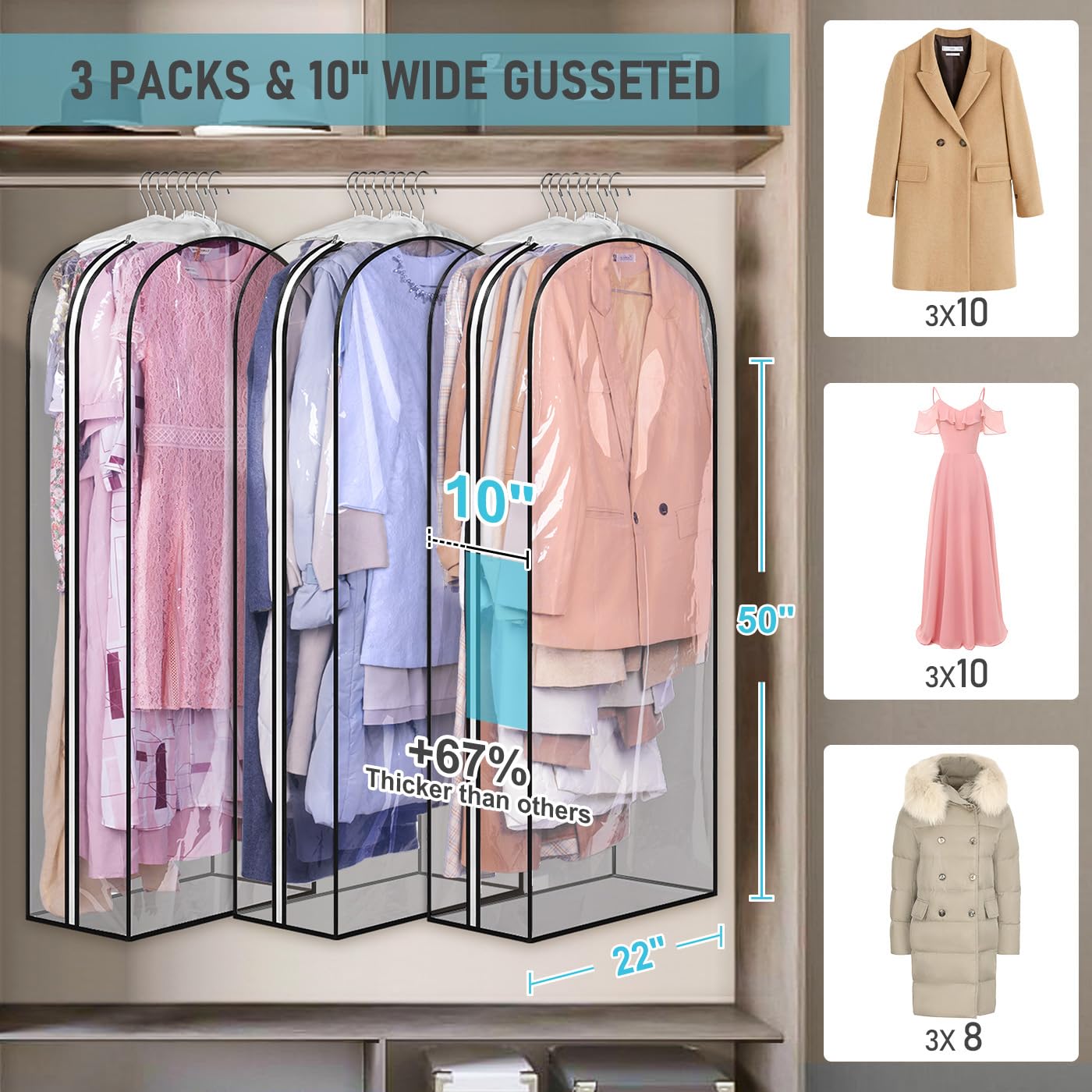 MISSLO clear garment bag with side metal zipper for easy access