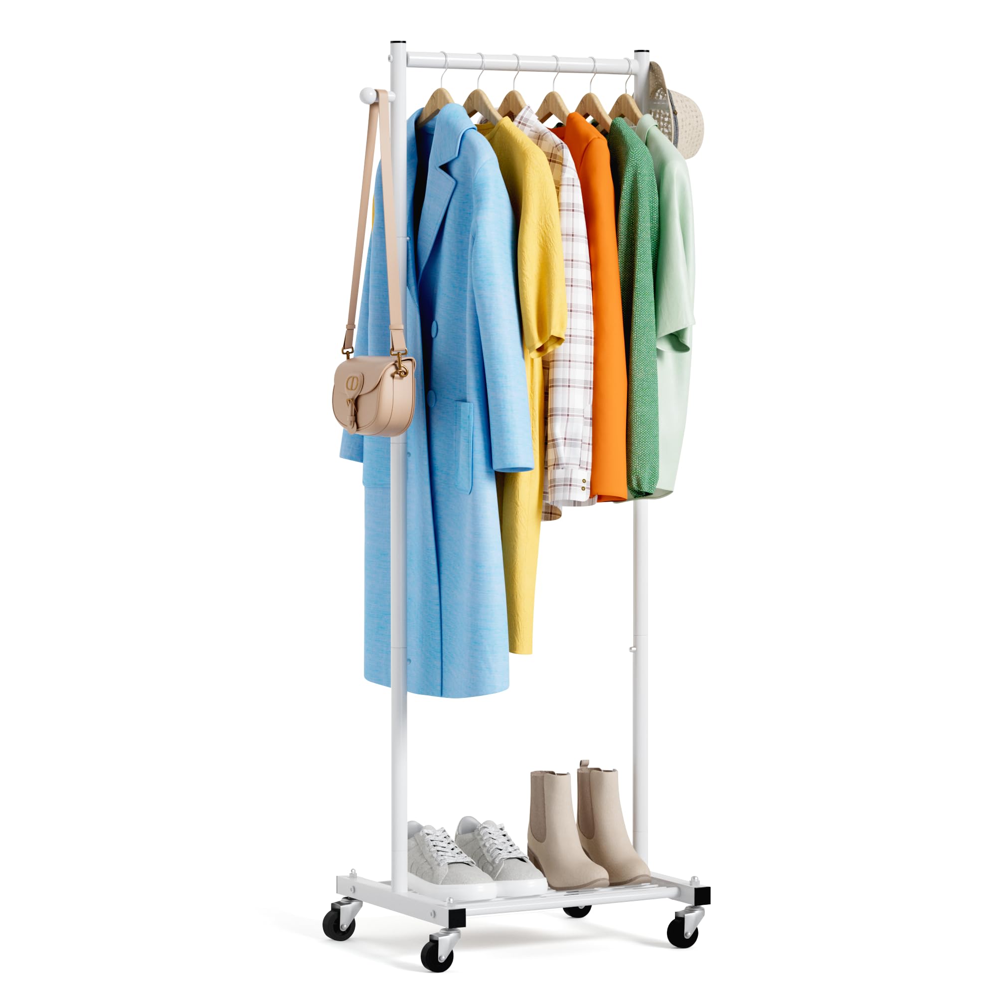 MISSLO small clothes rack with wheels for easy relocation in tight spaces.
