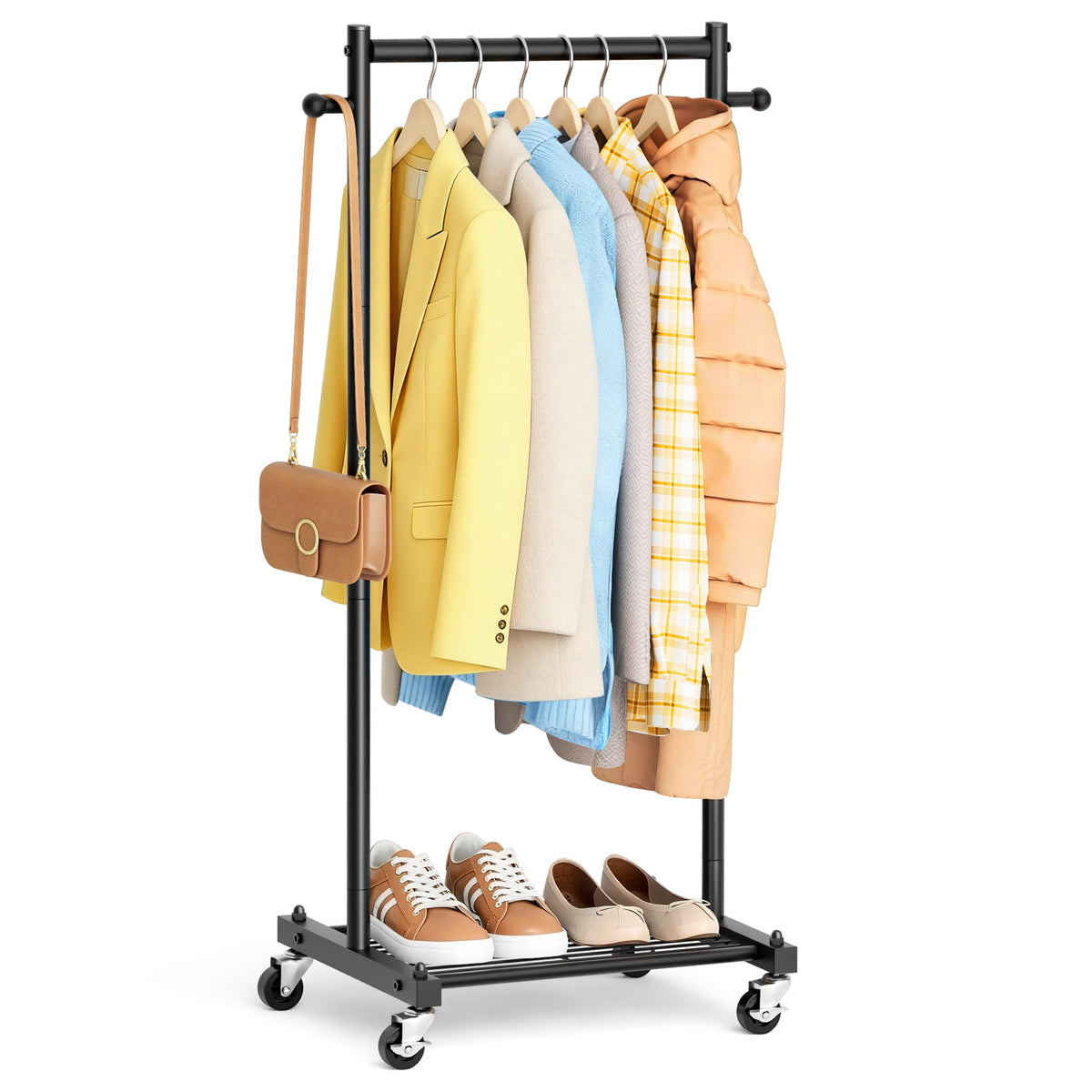 MISSLO small clothing rack with shelves keeps folded items neatly organized in small spaces.