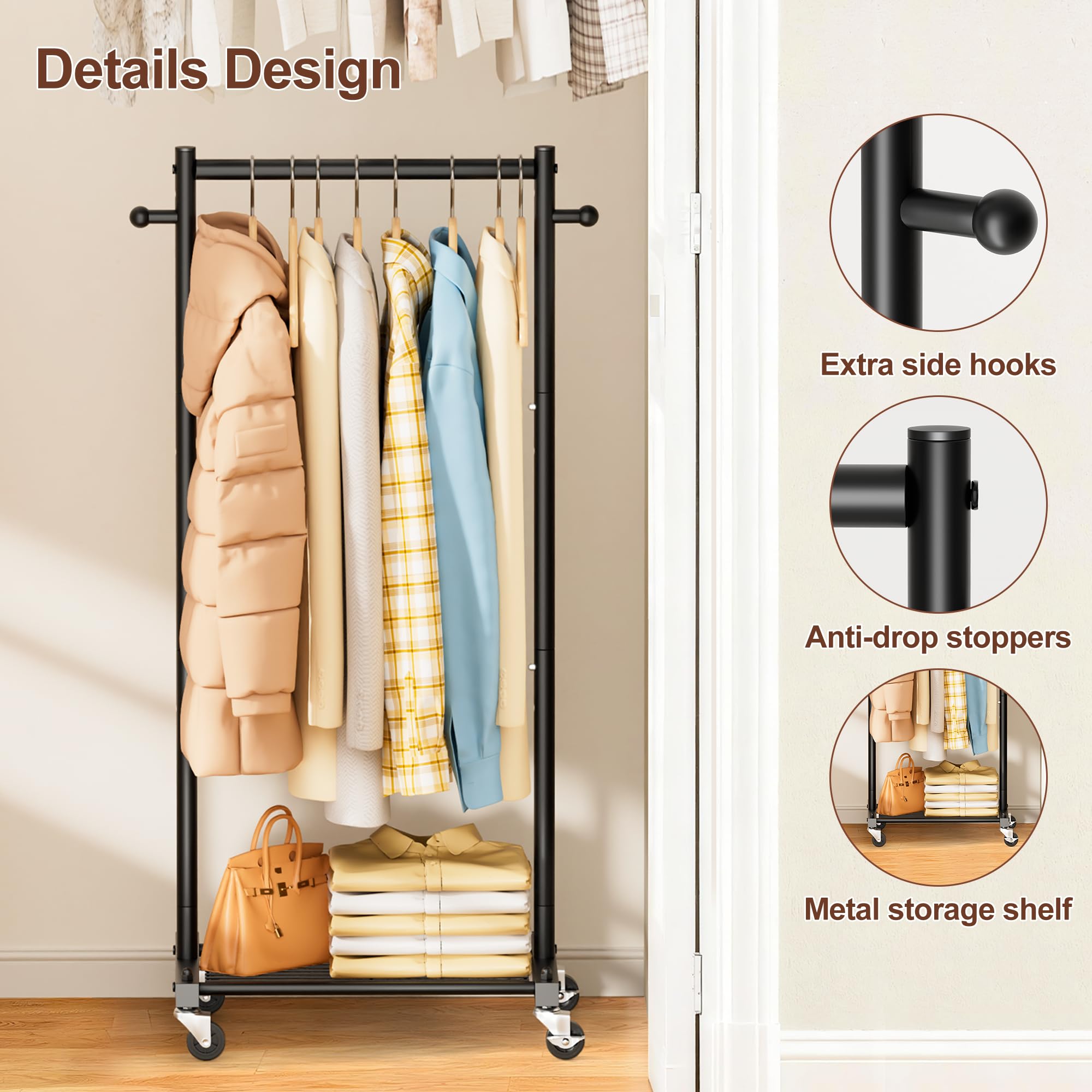 MISSLO compact rack maximizes closet space with top shelf and hanging rod.