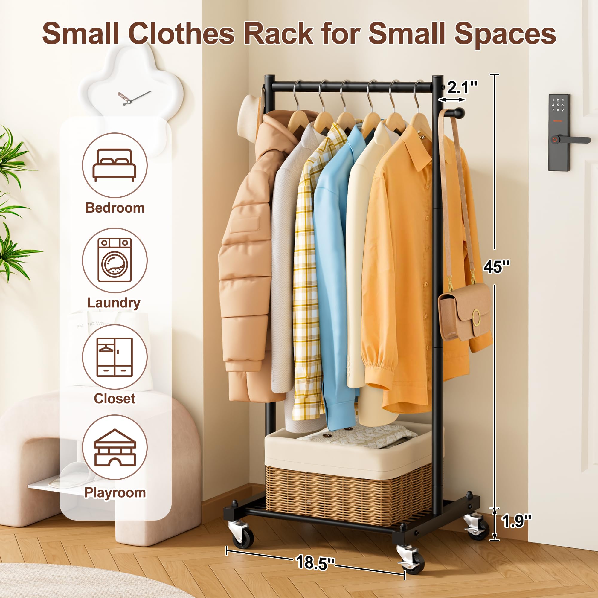 MISSLO rack with smooth wheels offers easy mobility and secure locking for versatile room setup.
