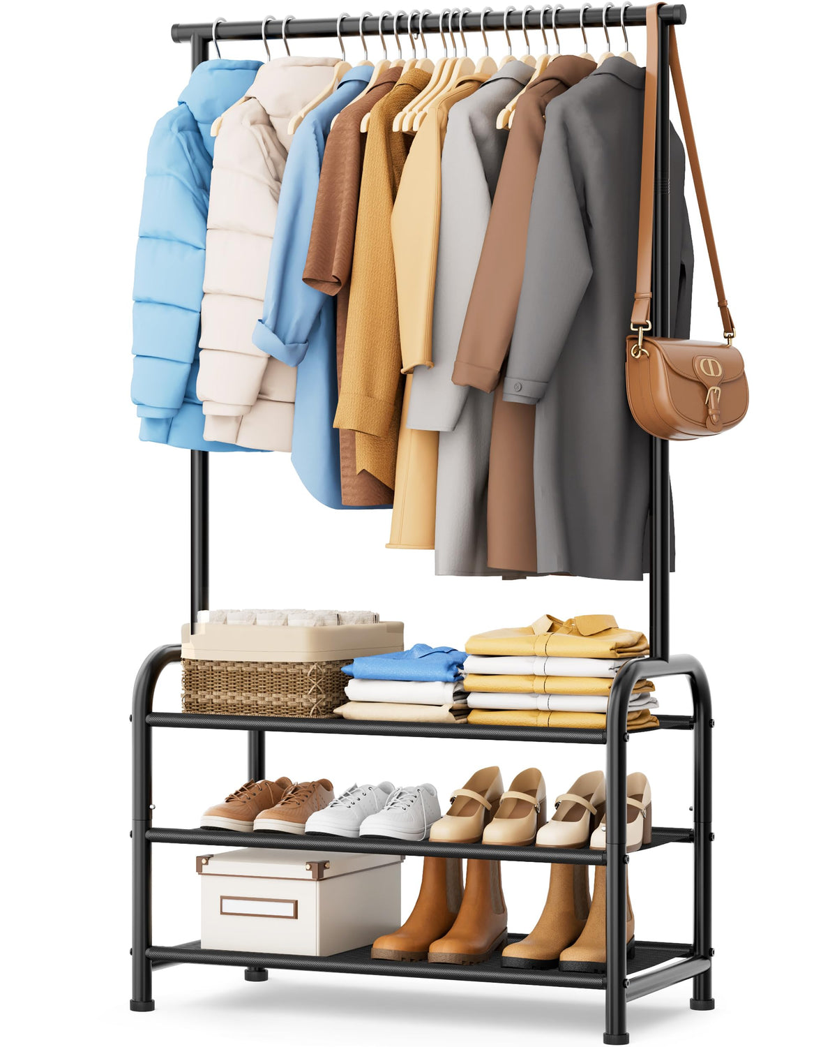 MISSLO sturdy clothing rack with three shelves keeps coats organized and accessible