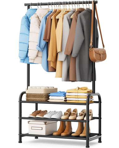MISSLO sturdy clothing rack with three shelves keeps coats organized and accessible