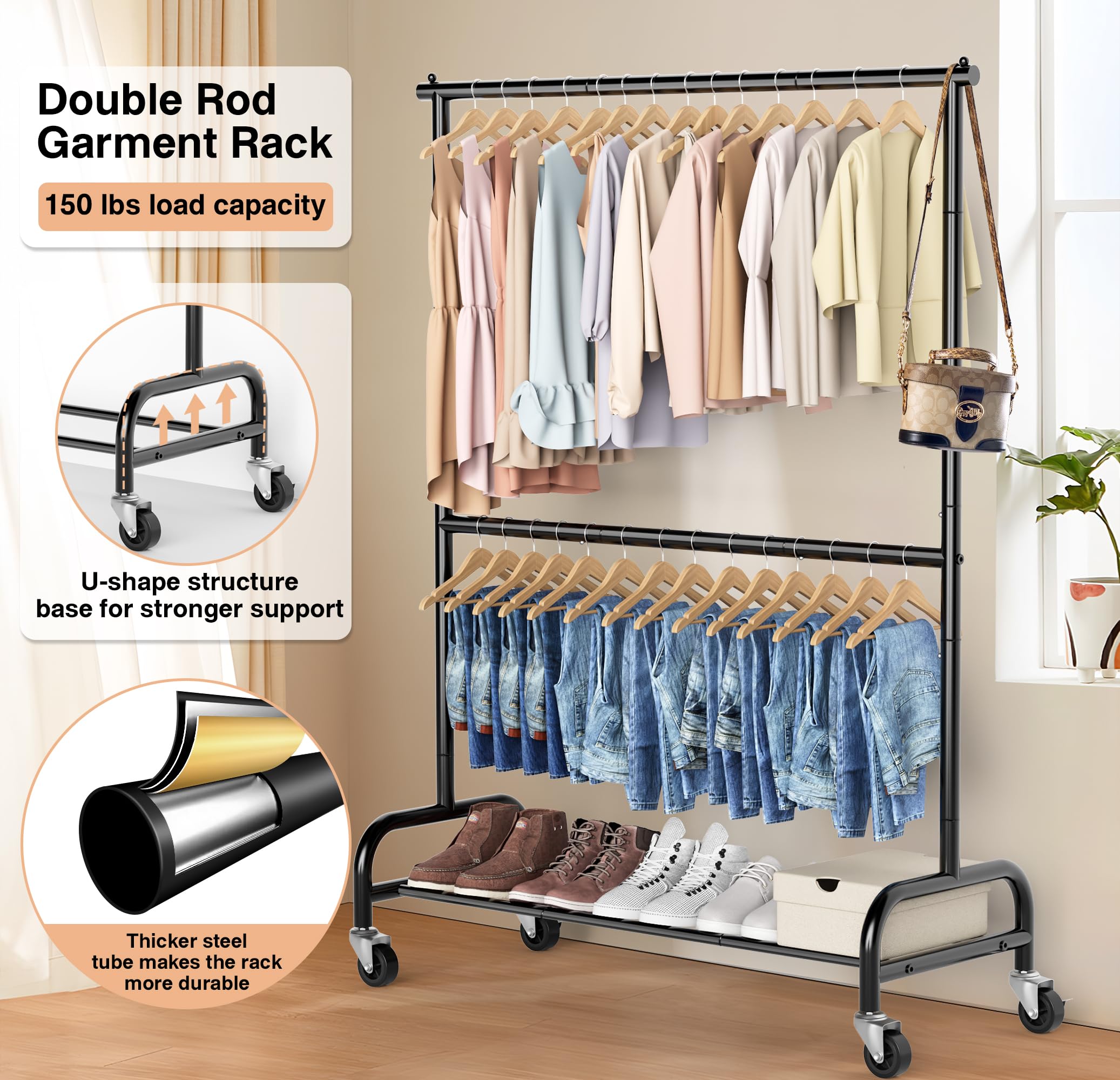 MISSLO tall double-rod rack, ideal for long dresses with generous hanging space.